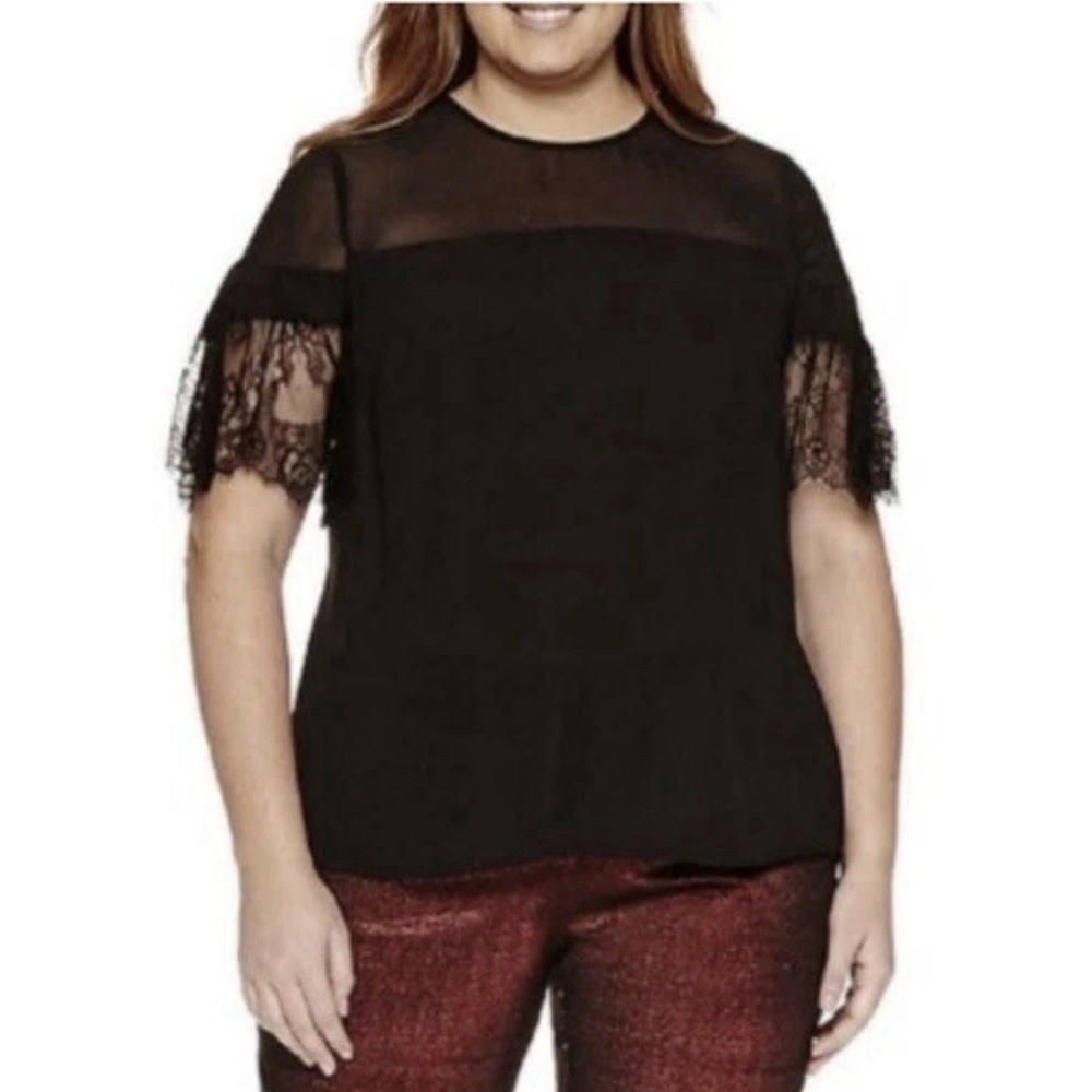 WORTHINGTON Lace Top Women 1X Plus Short Sleeve Black Blouse 1/2Sheer Whimsigoth